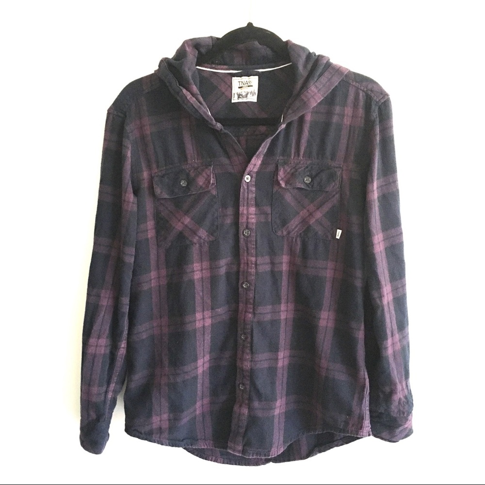 ARITZIA Boyfriend Plaid Button Down Hood Purple XS